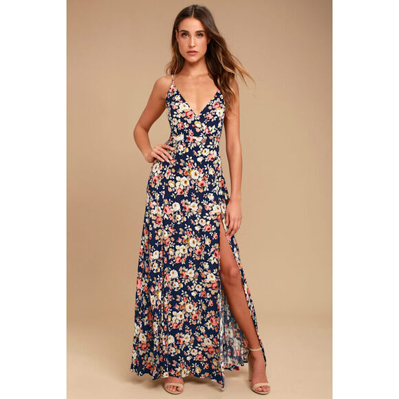 Lulus Everlasting Bliss Navy Blue Floral Print Maxi Dress - Size S - Picture 1 of 9